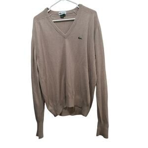 Vintage Lacoste Men Beige V-Neck Long Sleeve Pullover Jumper Sweater Size Large